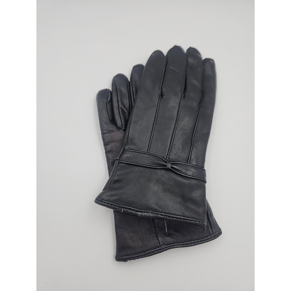 Women's High Quality Super Soft Real Black Leather Gloves W/ Bow Details S/M